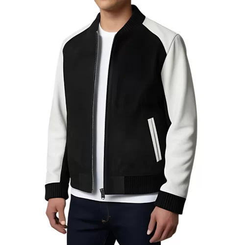 Blouson cuir homme corps en agneau velours noir et manches en cuir d'agneau blanc modèle Frizzo