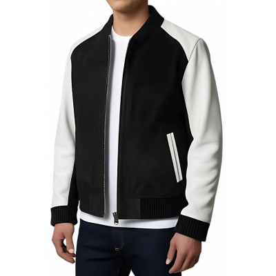 Blouson cuir homme corps en agneau velours noir et manches en cuir d'agneau blanc modèle Frizzo