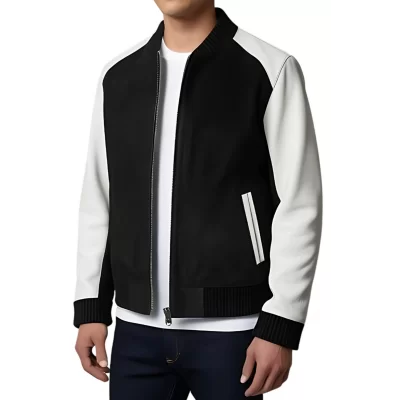 Blouson cuir homme corps en agneau velours noir et manches en cuir d'agneau blanc modèle Frizzo