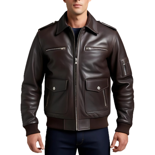 Blouson aviateur rétro en cuir de mouton marron homme modèle Guerrard