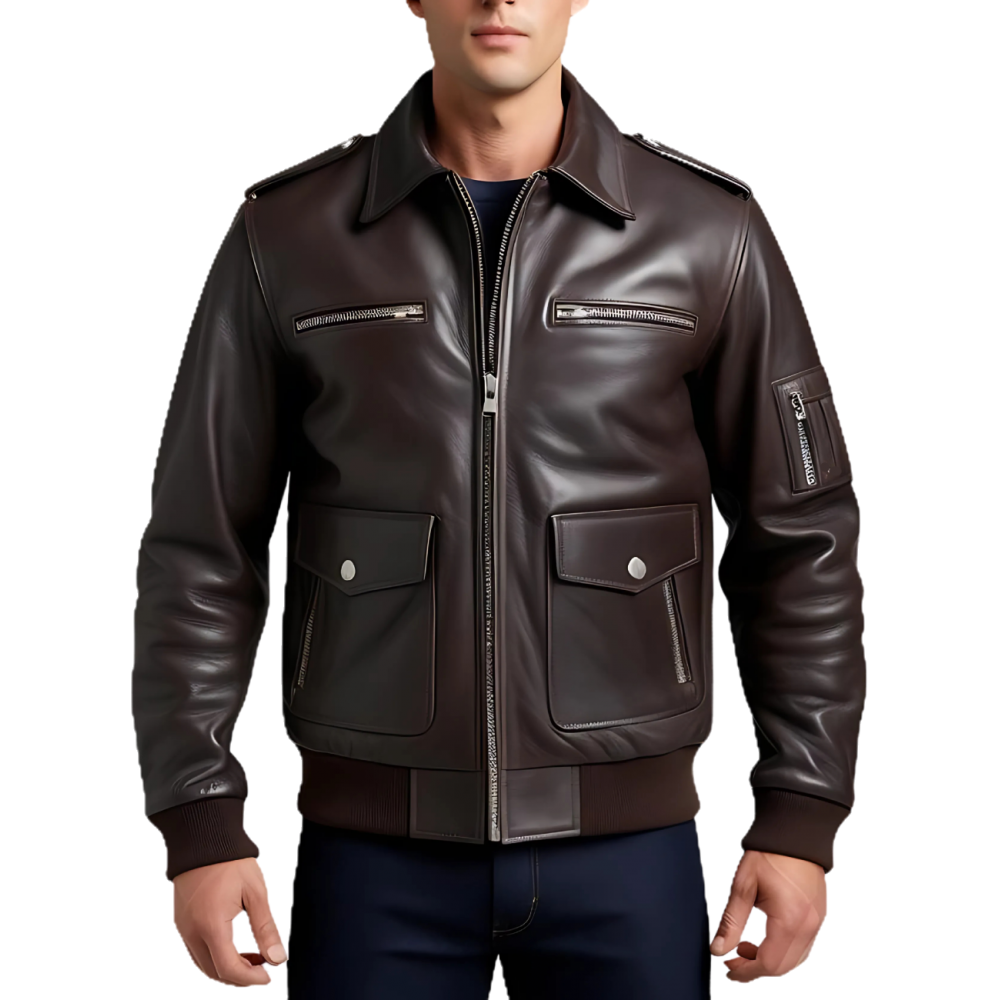 Blouson aviateur rétro en cuir de mouton marron homme modèle Guerrard