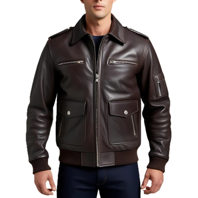 Blouson aviateur rétro en cuir de mouton marron homme modèle Guerrard