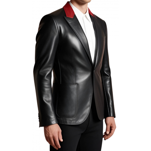 Blazer cuir homme en agneau noir et haut de col en agneau rouge avec 2 boutons sur l'avant modèle Cirile