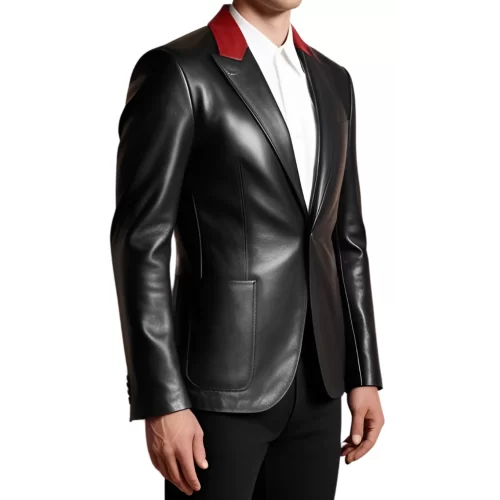 Blazer cuir homme en agneau noir et haut de col en agneau rouge avec 2 boutons sur l'avant modèle Cirile