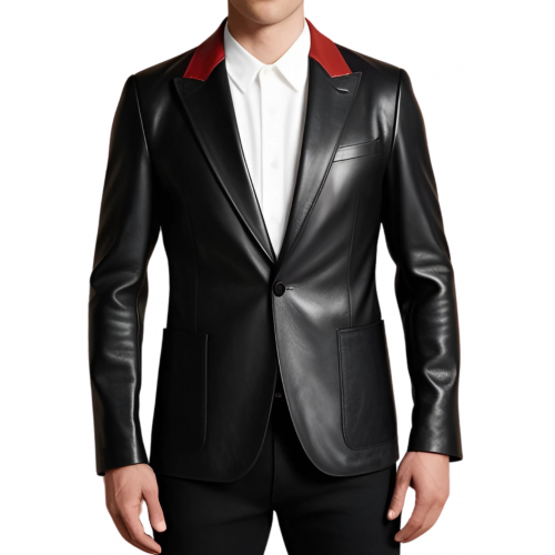 Blazer cuir homme en agneau noir et haut de col en agneau rouge avec 2 boutons sur l'avant modèle Cirile