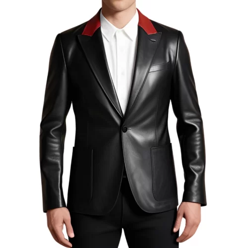 Blazer cuir homme en agneau noir et haut de col en agneau rouge avec 2 boutons sur l'avant modèle Cirile