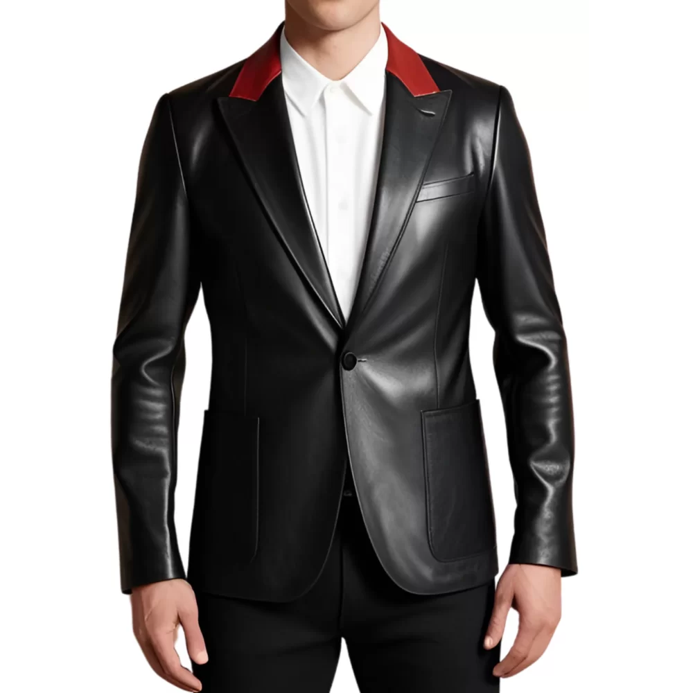 Blazer cuir homme en agneau noir et haut de col en agneau rouge avec 2 boutons sur l'avant modèle Cirile