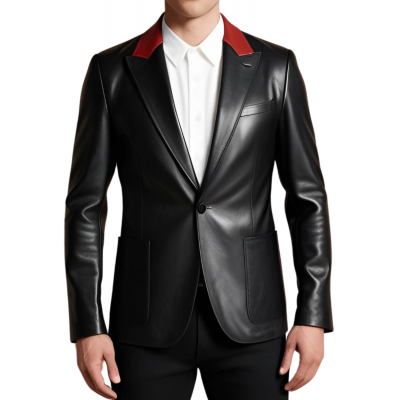 Blazer cuir homme en agneau noir et haut de col en agneau rouge avec 2 boutons sur l'avant modèle Cirile