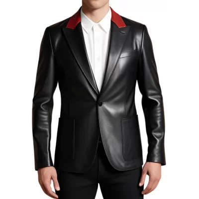 Blazer cuir homme en agneau noir et haut de col en agneau rouge avec 2 boutons sur l'avant modèle Cirile