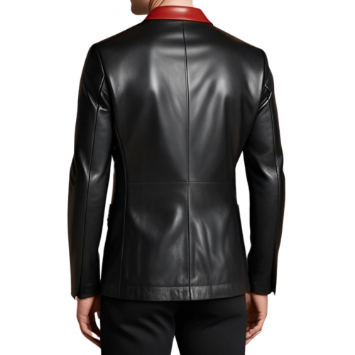 Blazer cuir homme en agneau noir et haut de col en agneau rouge avec 2 boutons sur l'avant modèle Cirile