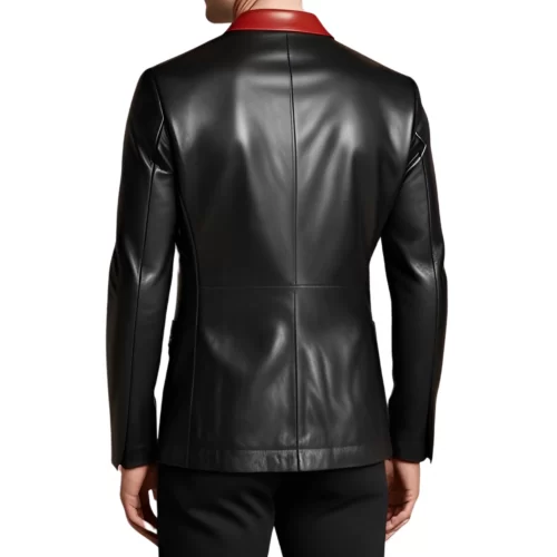 Blazer cuir homme en agneau noir et haut de col en agneau rouge avec 2 boutons sur l'avant modèle Cirile