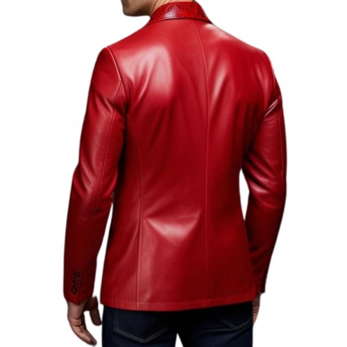 Veste blazer homme en cuir d'agneau plongé rouge et col chale en agneau impression python modèle Kolire