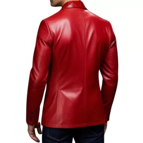 Veste blazer homme en cuir d'agneau plongé rouge et col chale en agneau impression python modèle Kolire