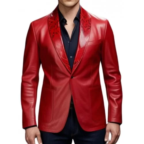 Veste blazer homme en cuir d'agneau plongé rouge et col chale en agneau impression python modèle Kolire