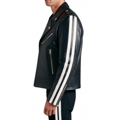 Blouson perfecto cuir agneau bicolore noir et bandes blanches aux manches modèle Zalia