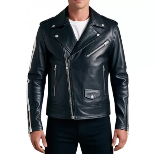 Blouson perfecto cuir agneau bicolore noir et bandes blanches aux manches modèle Zalia