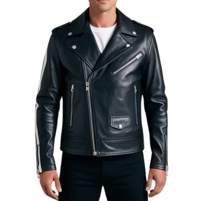 Blouson perfecto cuir agneau bicolore noir et bandes blanches aux manches modèle Zalia