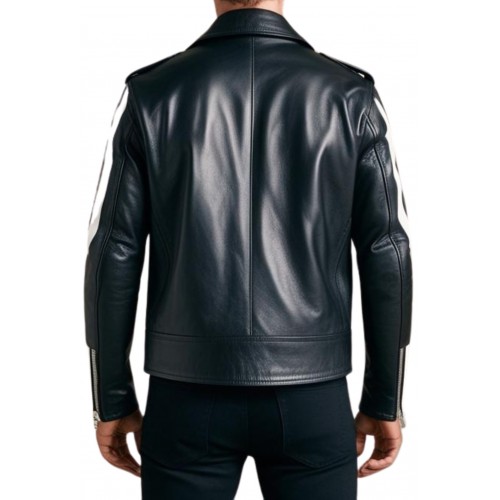 Blouson perfecto cuir agneau bicolore noir et bandes blanches aux manches modèle Zalia