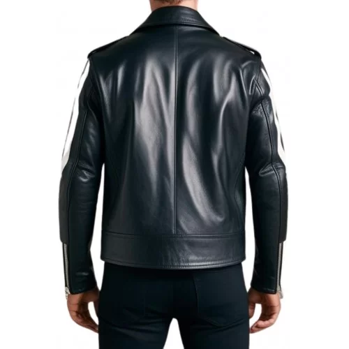 Blouson perfecto cuir agneau bicolore noir et bandes blanches aux manches modèle Zalia