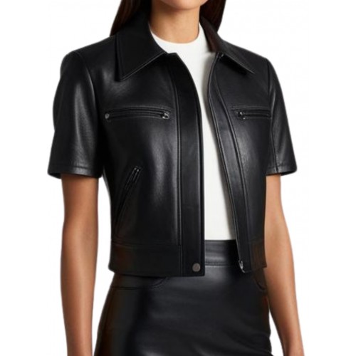 Blouson cuir femme manches courtes en agneau noir  modèle Divinace
