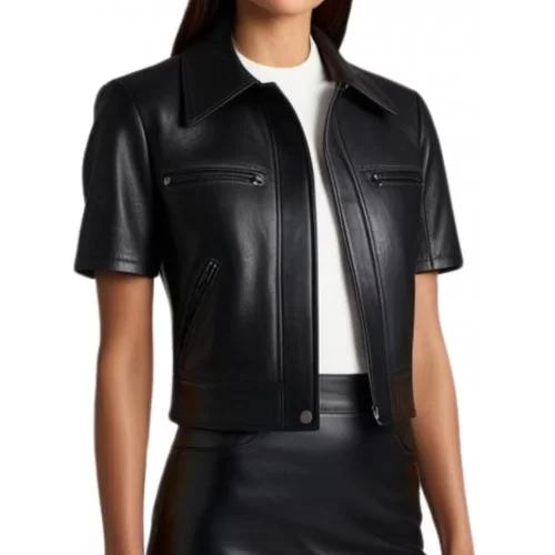 Blouson cuir femme manches courtes en agneau noir modèle Divinace