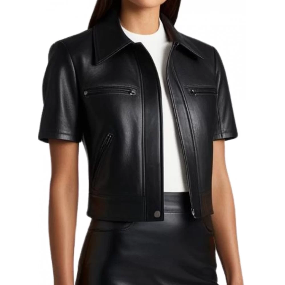 Blouson cuir femme manches courtes en agneau noir modèle Divinace
