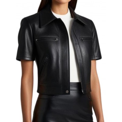 Blouson cuir femme manches courtes en agneau noir  modèle Divinace