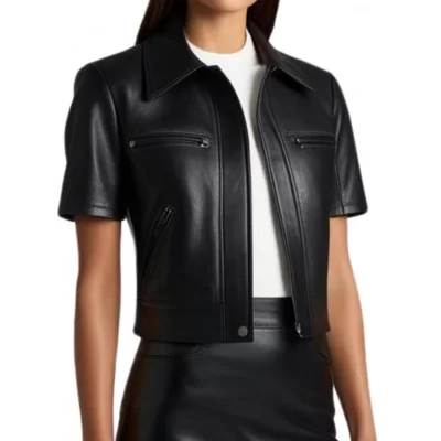 Blouson cuir femme manches courtes en agneau noir modèle Divinace