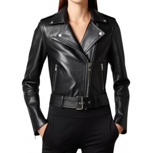 Blouson cuir femme coupe perfecto en agneau noir modèle Xinia