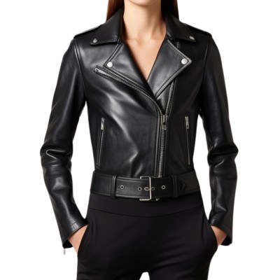 Blouson cuir femme coupe perfecto en agneau noir modèle Xinia