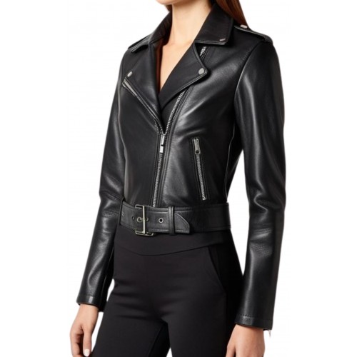 Blouson cuir femme coupe perfecto en agneau noir modèle Xinia
