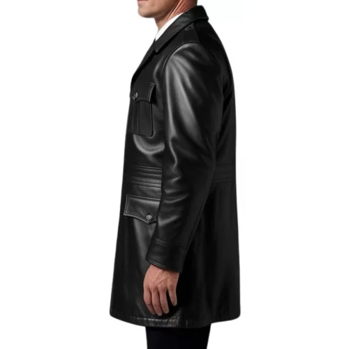 Manteau trois quart en cuir d'agneau noir homme avec 4 poches plaquées et ceinture modèle Timon