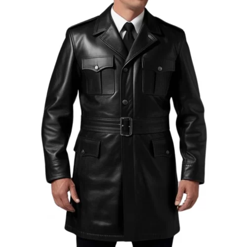 Manteau trois quart en cuir d'agneau noir homme avec 4 poches plaquées et ceinture modèle Timon
