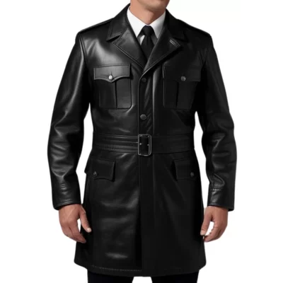 Manteau trois quart en cuir d'agneau noir homme avec 4 poches plaquées et ceinture modèle Timon