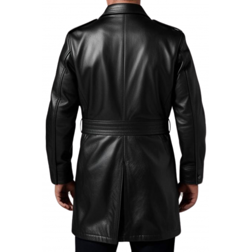 Manteau trois quart en cuir d'agneau noir homme avec 4 poches plaquées et ceinture modèle Timon