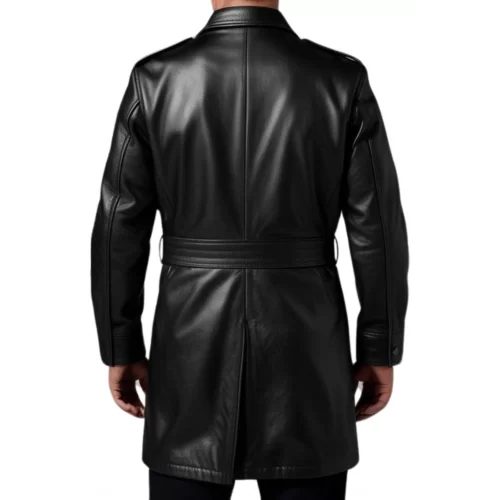 Manteau trois quart en cuir d'agneau noir homme avec 4 poches plaquées et ceinture modèle Timon