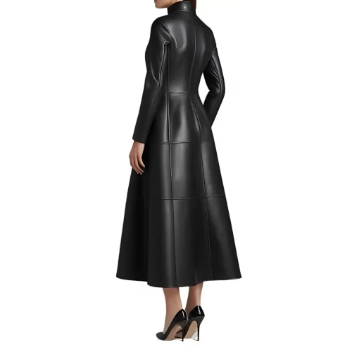 Manteau long femme en cuir d'agneau noir fermeture par boutons modèle Galisse