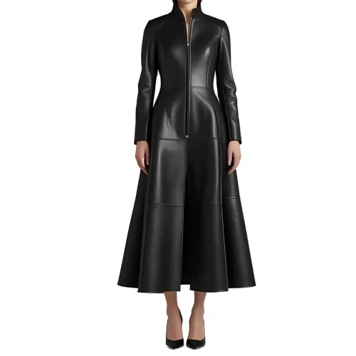 Manteau long femme en cuir d'agneau noir fermeture par boutons modèle Galisse