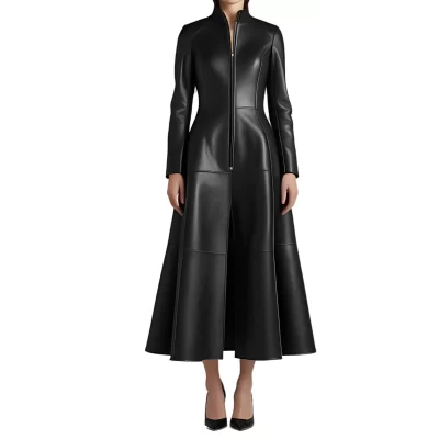 Manteau long femme en cuir d'agneau noir fermeture par boutons modèle Galisse