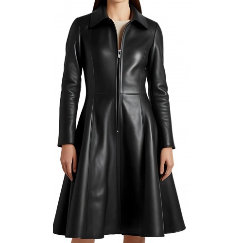 Robe manteau mi courte cuir noir modèle Anemonia