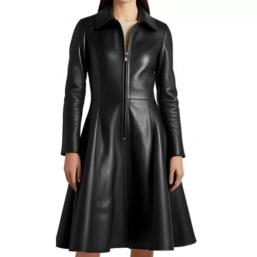 Robe manteau mi courte cuir noir modèle Anemonia