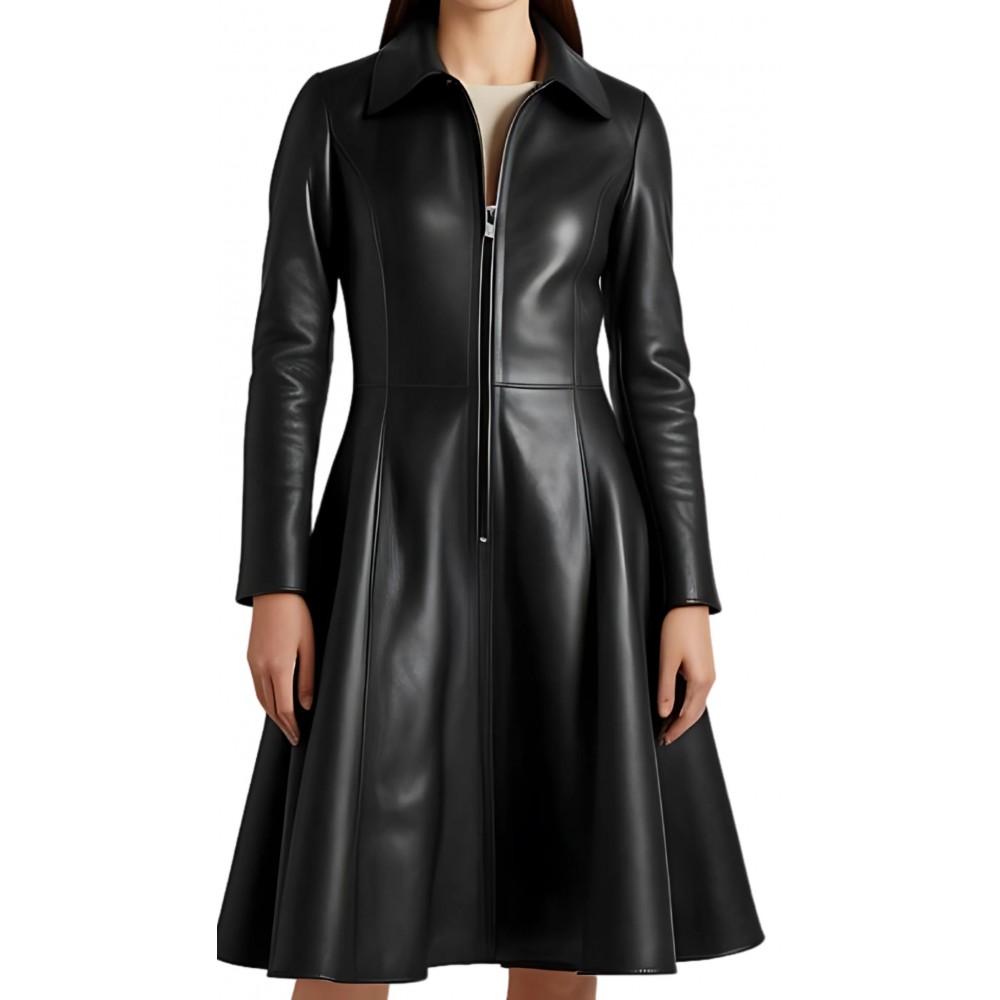 Robe manteau mi courte cuir noir modèle Anemonia