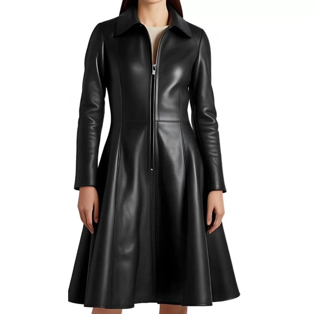 Robe manteau mi courte cuir noir modèle Anemonia