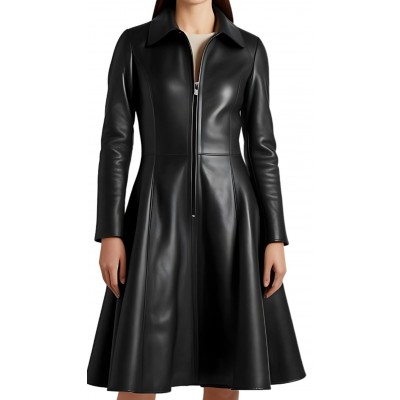 Robe manteau mi courte cuir noir modèle Anemonia
