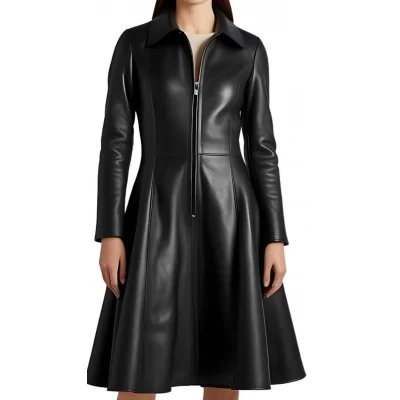 Robe manteau mi courte cuir noir modèle Anemonia