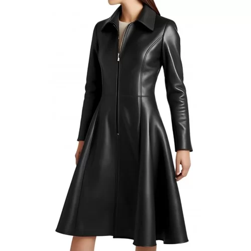 Robe manteau mi courte cuir noir modèle Anemonia