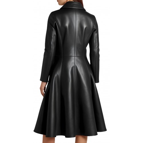 Robe manteau mi courte cuir noir modèle Anemonia