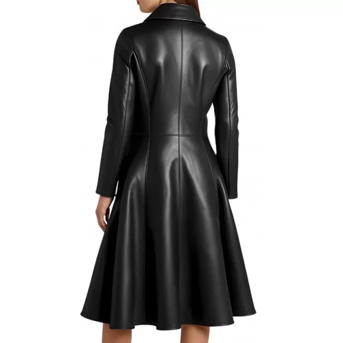 Robe manteau mi courte cuir noir modèle Anemonia