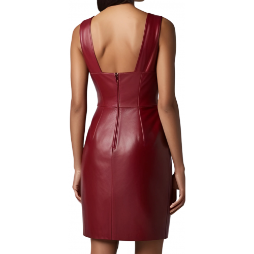 Robe en cuir d'agneau rouge sans manches modèle Cynalia