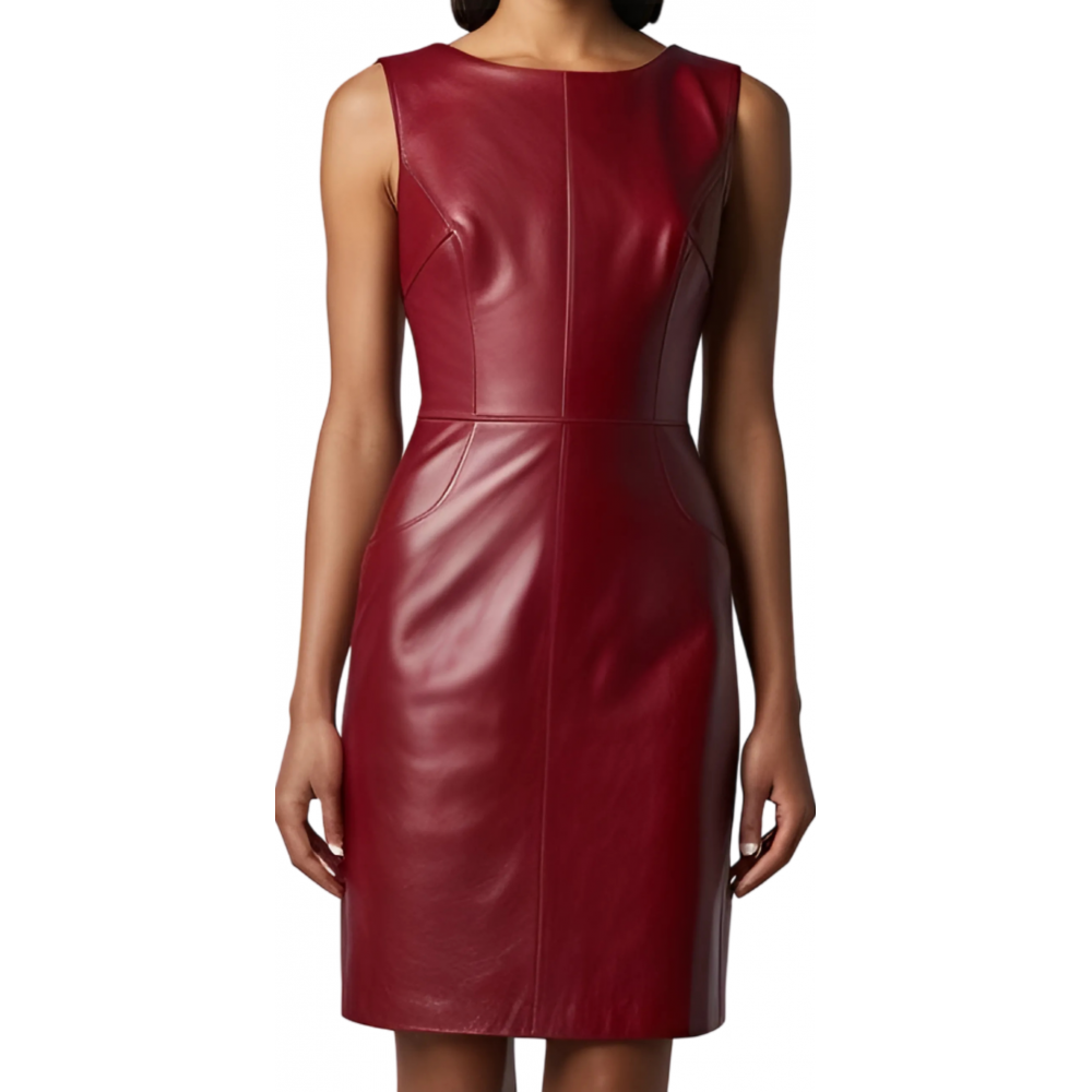 Robe en cuir d'agneau rouge sans manches modèle Cynalia